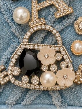 Handbag Purse Brooch Black Gemstone Pearl Floral Rhinestone Statement Pin